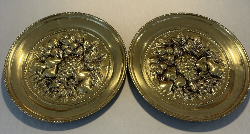 VTG Brass Embossed Tin Plate Fruit Wall Hanging Decor 16 1/2” 2 Plates Total!